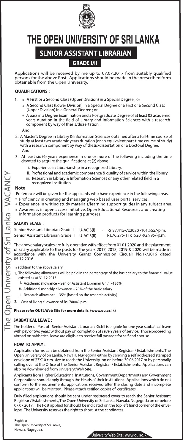 Senior Assistant Librarian - Open University of Sri Lanka